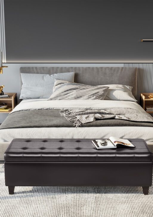 51" Ottoman Storage Bench, Faux Leather Storage Chest with Lift Top, Tufted Ottoman for Living Room, Entryway, Dark Brown