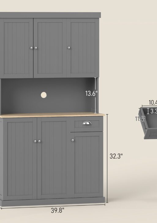 71" Buffet with Hutch, Modern Farmhouse Kitchen Pantry Storage Cabinet with Microwave Oven Countertop, Drawer, Gray