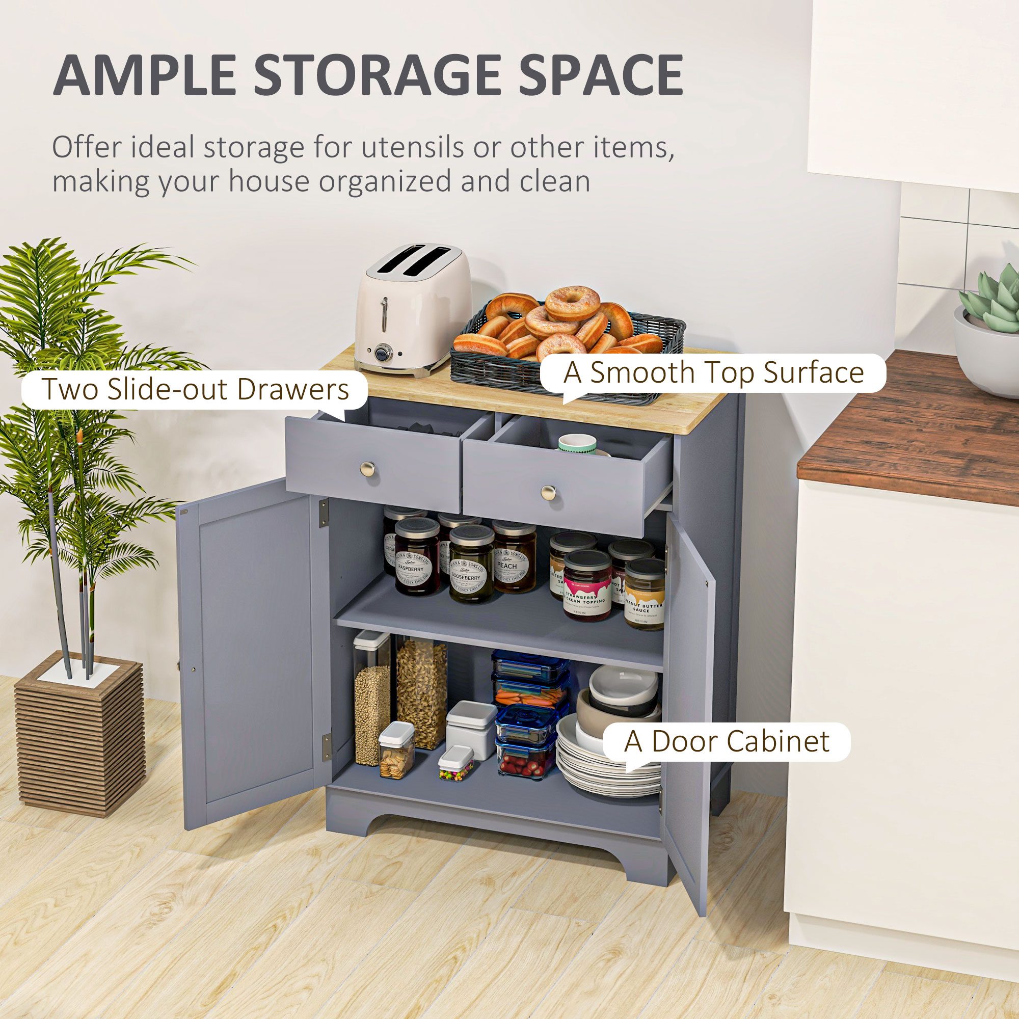 Kitchen Storage Cabinet, Sideboard Floor Cupboard with Solid Wood Top, Adjustable Shelf, and 2 Drawers, Gray - Image 2