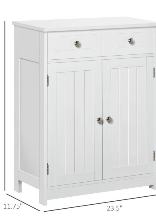 Freestanding Bathroom Floor Cabinet, Wooden Bathroom Cabinet with 2 Doors, 2 Drawers and Adjustable Shelf, White
