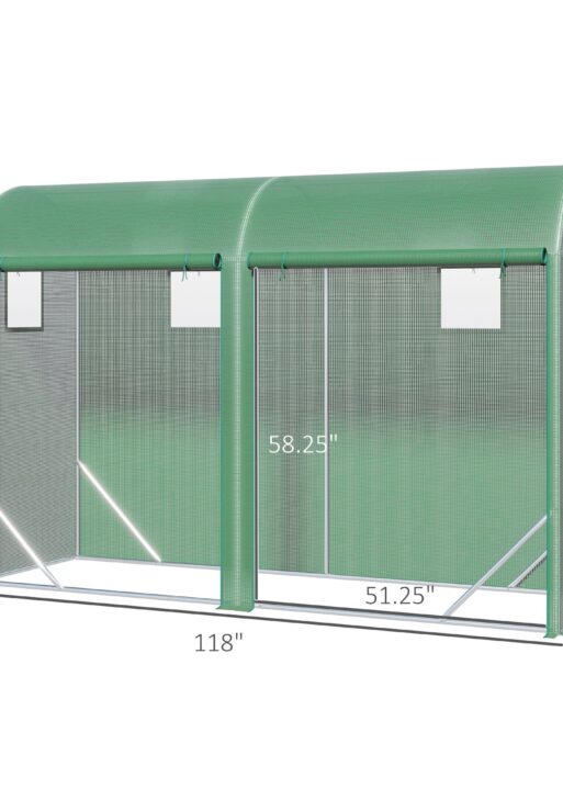 10' x 3' x 7' Walk-in Lean-to Greenhouse, Steel, 4 Zipper Roll-up Windows & 2 Doors, UV Protecting PE Cover for Growing Flowers, Vegetables, Tropical Plants, Saplings, Succulents, Green