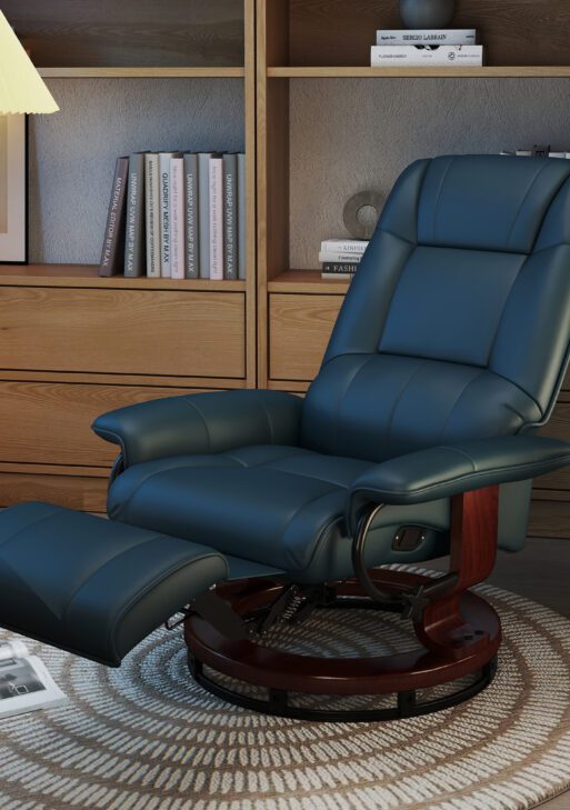 Faux Leather Manual Recliner, Adjustable Swivel Lounge Chair with Footrest, Armrest and Wrapped Wood Base for Living Room, Blue
