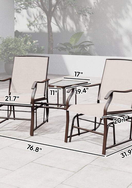 Outdoor Glider Chairs with Coffee Table, Patio 2-Seat Rocking Chair Swing Loveseat with Breathable Sling for Backyard, Garden, and Porch, Beige
