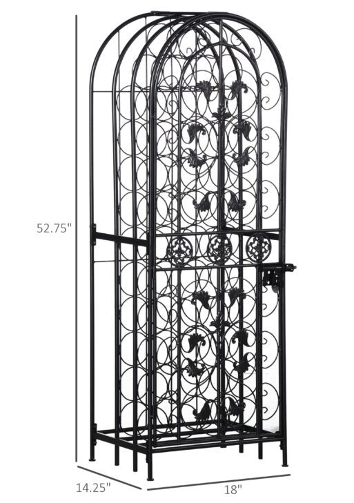 45 Bottle Wrought Iron Wine Rack Jail with Lock - Black