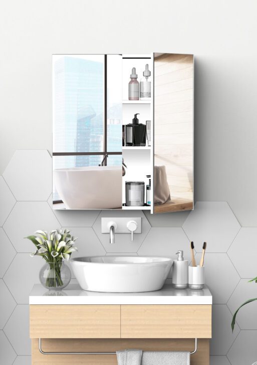 Bathroom Mirrored Cabinet, 24"x26" Stainless Steel Frame Medicine Cabinet, Wall-Mounted Storage Organizer with Double Doors, Silver