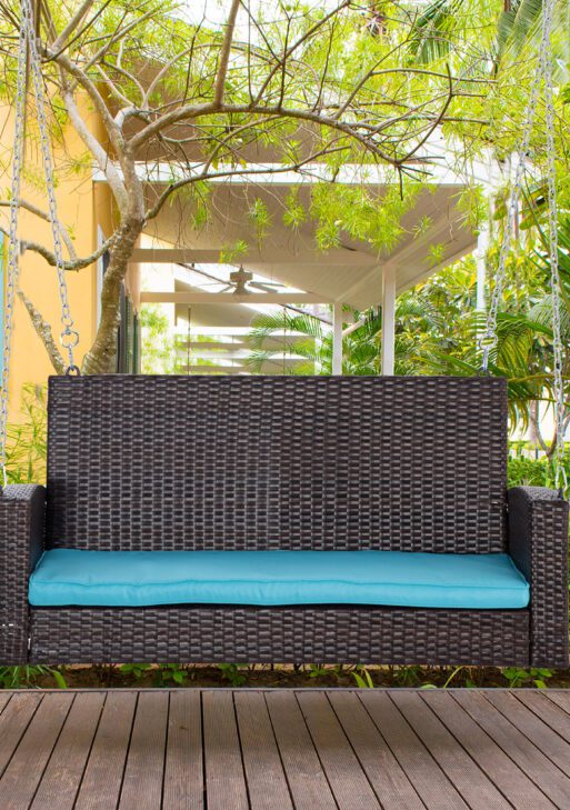 2 Person Wicker Hanging Swing Bench, Front Porch Swing Outdoor Chair with Cushions 550 lbs. Weight Capacity for Backyard, Garden, Sky Blue