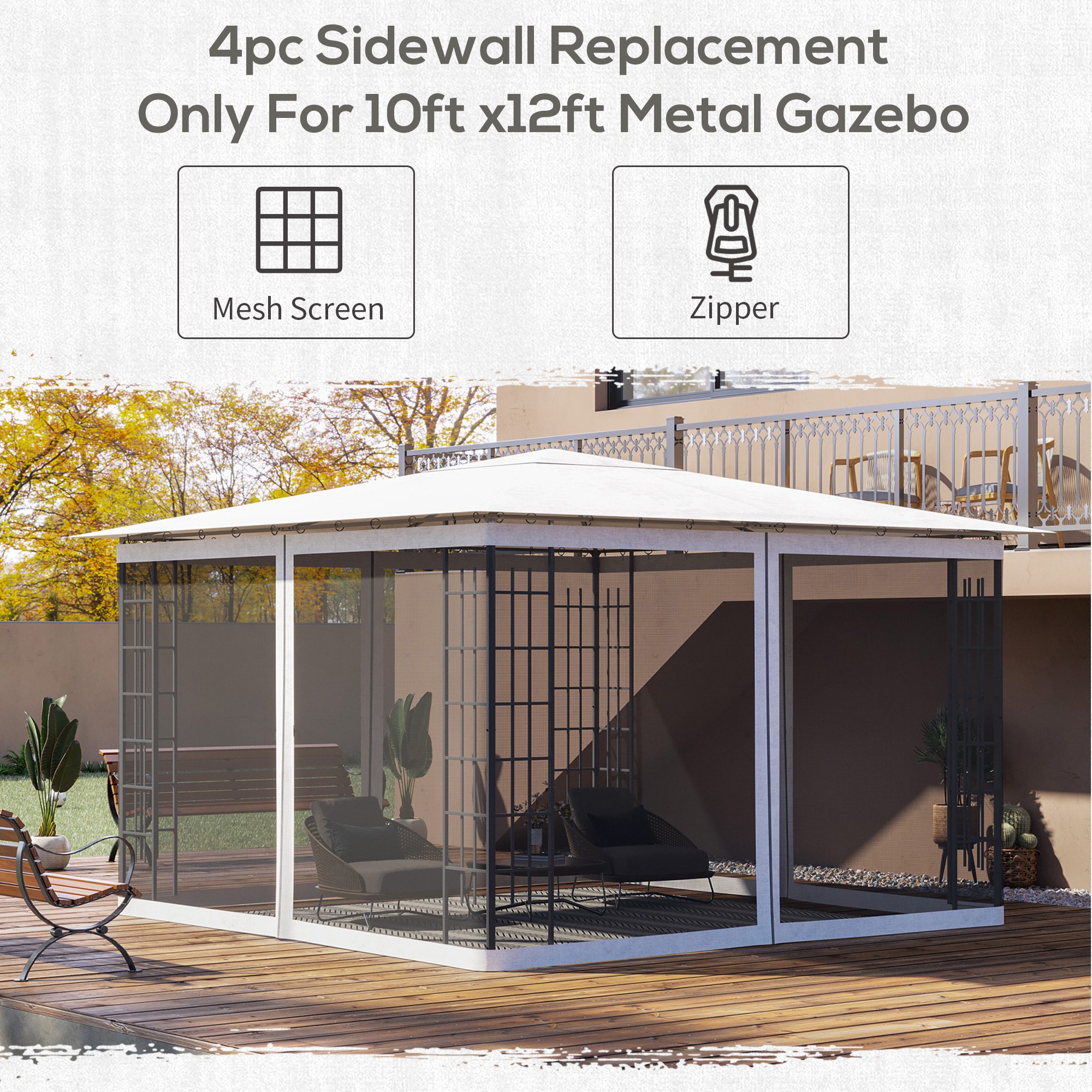 Replacement Mesh Sidewall Netting for 10' x 12' Gazebos and Canopy Tents with Zippers, (Sidewall Only) White - Image 2
