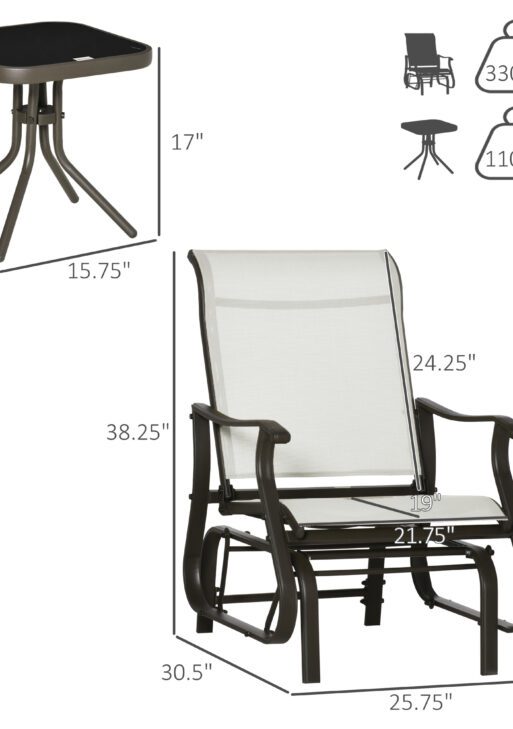 3-Piece Outdoor Gliders Set Bistro Set with Steel Frame, Tempered Glass Top Table for Patio, Garden, Backyard, Lawn, Cream White