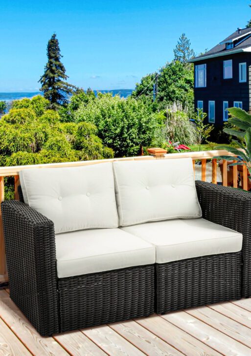 2 Piece Patio Wicker Corner Sofa Set, Outdoor PE Rattan Furniture, with Curved Armrests and Padded Cushions for Balcony, Garden, or Lawn, Beige