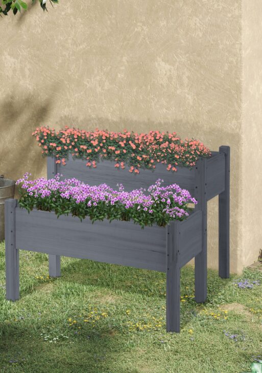 34"x34"x28" Raised Garden Bed 2-Tier Wooden Planter Box for Backyard, Patio to Grow Vegetables, Herbs and Flowers, Gray