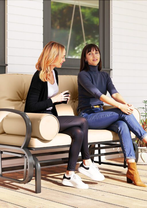 Swing Glider Rocking Chair, Double Patio Bench, 2 Person Loveseat with Steel Frame, Cushions, Pillow Armrests, Khaki