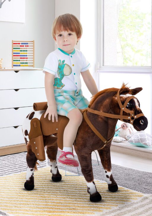 Sound-Making Ride On Horse for Toddlers 3-5, with Neighing and Galloping Sound, Stuffed Animal Horse Toy for Kids with Padding, Soft Feel, Brown