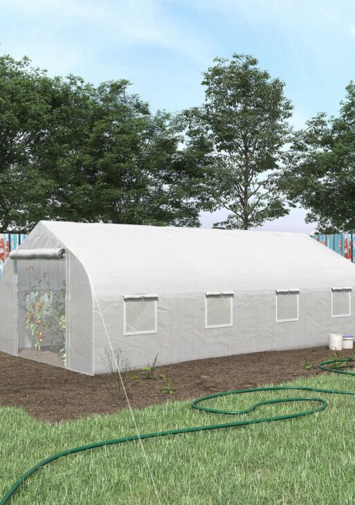 20' x 10' x 7' Walk-in Tunnel Greenhouse with Zippered Mesh Door & 8 Mesh Windows, Gardening Plant Hot House with Galvanized Steel Hoops, White