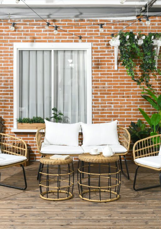 5 Piece PE Rattan Outdoor Furniture Set with Cushioned Chairs, Loveseat Sofa & Stackable Coffee Tables, Cream White