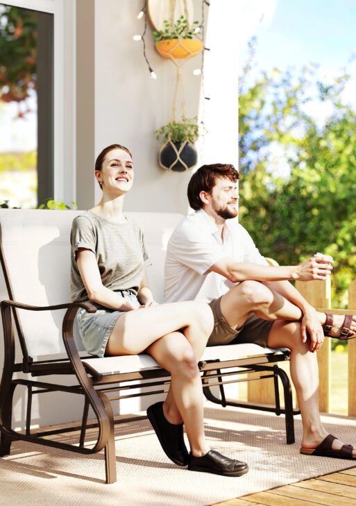 2-Person Outdoor Glider Bench，Patio Glider Loveseat Chair with Powder Coated Steel Frame，2 Seats Porch Rocking Glider for Backyard, Lawn, Garden and Porch, Cream White