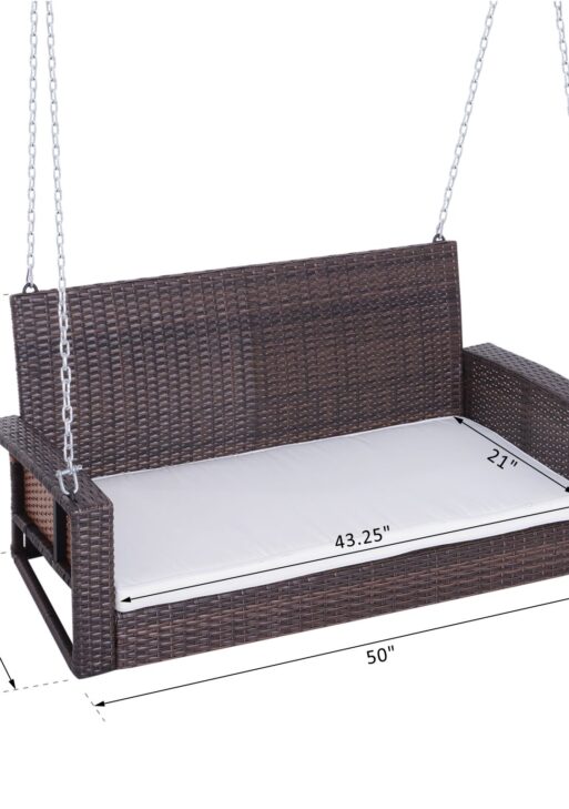 2 Person Wicker Hanging Swing Bench, Front Porch Swing Outdoor Chair with Cushions 550 lbs. Weight Capacity for Backyard, Garden, Cream White