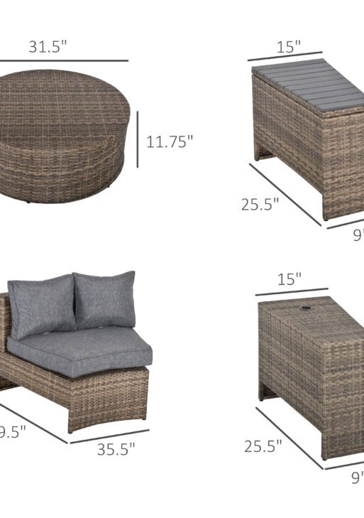 8 Piece Outdoor Rattan Sofa, Half Round Patio Furniture Set with Side Tables, Umbrella Hole, and Cushions, Mixed Kahki and Mixed Gray