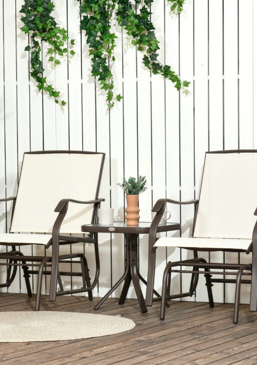 3 Piece Outdoor Glider Chair with Coffee Table Bistro Set, 2 Patio Rocking Swing Chairs with Breathable Sling Fabric, Glass Tabletop, for Backyard, Garden and Porch, Cream White