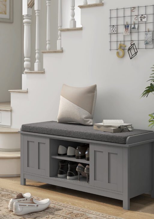 Modern Shoe Storage Bench, Entry Way Bench with Cushion, 2 Sliding Doors, Storage Ottoman Bench, Holds 10 Pairs, Gray