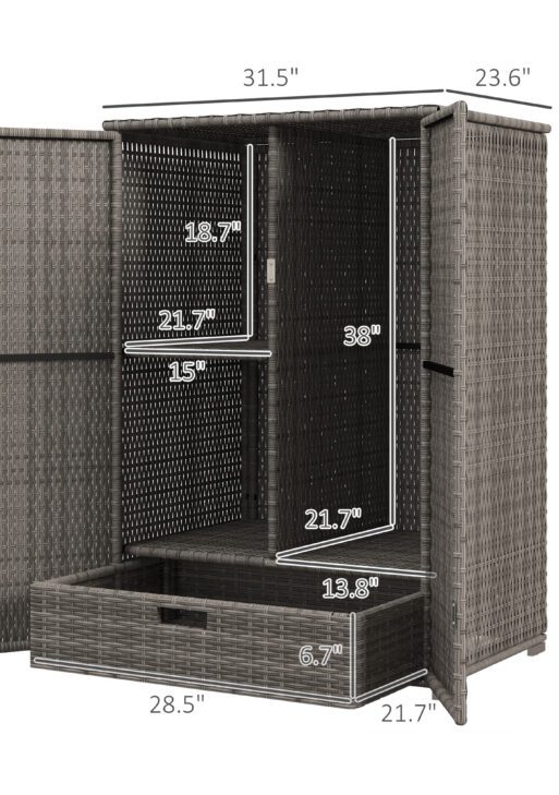 Outdoor Storage Cabinet with Shelves, Rattan Pool Towel Storage Cabinet with Removable Shelf & Drawer, Dark Gray