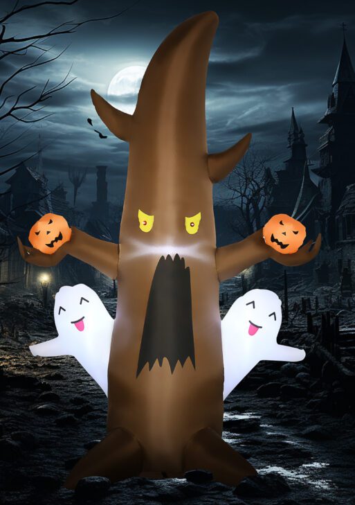 5' Halloween Inflatables Outdoor Decorations Ghost Tree with Pumpkins, Blow-Up LED Yard Decor Indoor Outdoor for Garden, Lawn, Party, Holiday