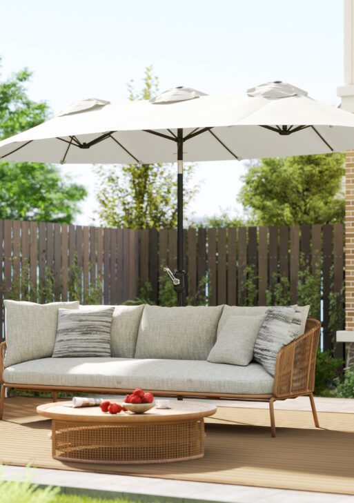 Double Sided Patio Umbrella, 9.7' Large Outdoor Market Umbrella with Push Button Tilt and Crank, 3 Air Vents and 12 Ribs, for Garden, Deck, Pool, White