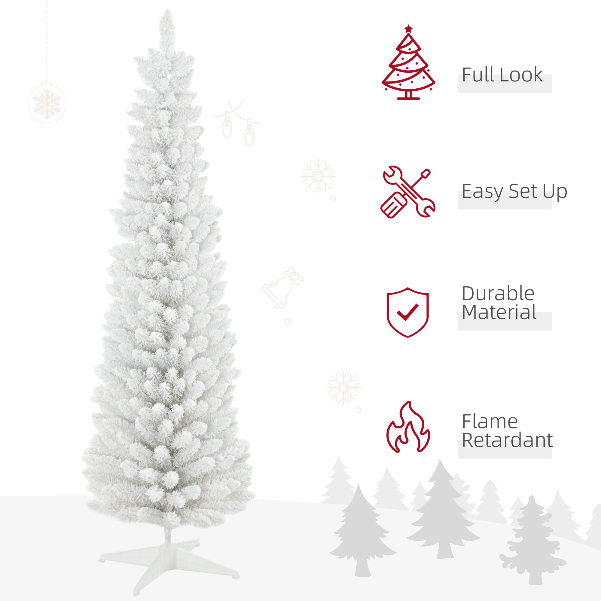 6' Decorated Christmas Tree Snow Flocked Artificial Christmas Tree with Pencil Shape, Realistic Branches, White - Image 2