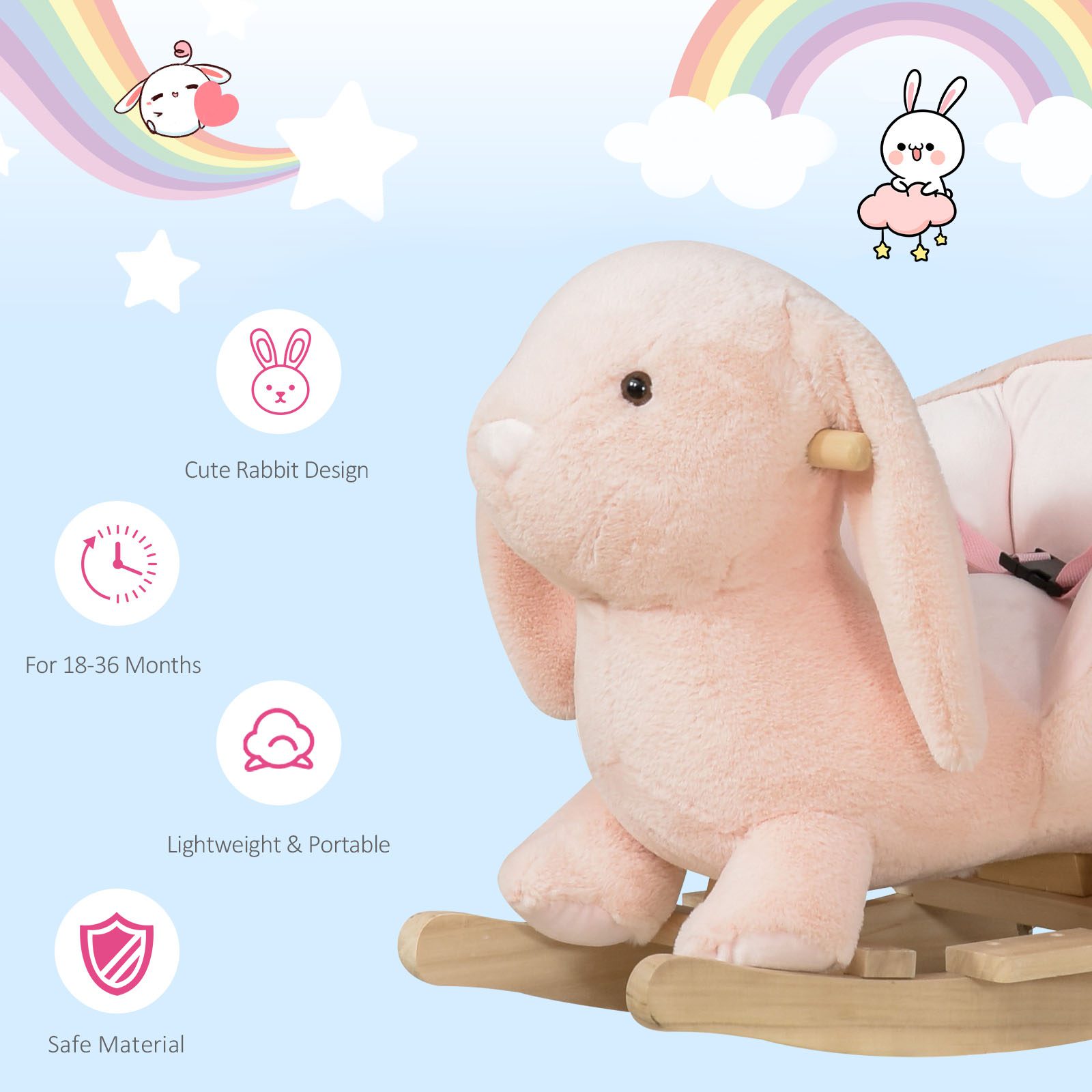 Rabbit Wooden Rocking Horse with Sound, Pink - Image 4