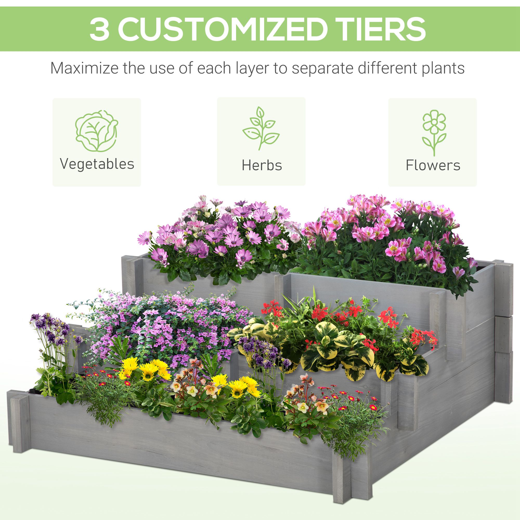 3 Tier Raised Garden Bed, Water Draining Fabric for Soil, Elevated Wood Flower Box for Vegetables, Herbs, Gray - Image 2