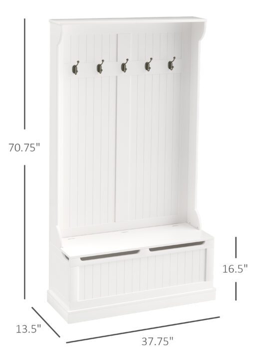 3-In-1 Entryway Bench with Coat Rack, Hall Tree with Bench and Shoe Storage, 5 Hooks for Hallway Cream White