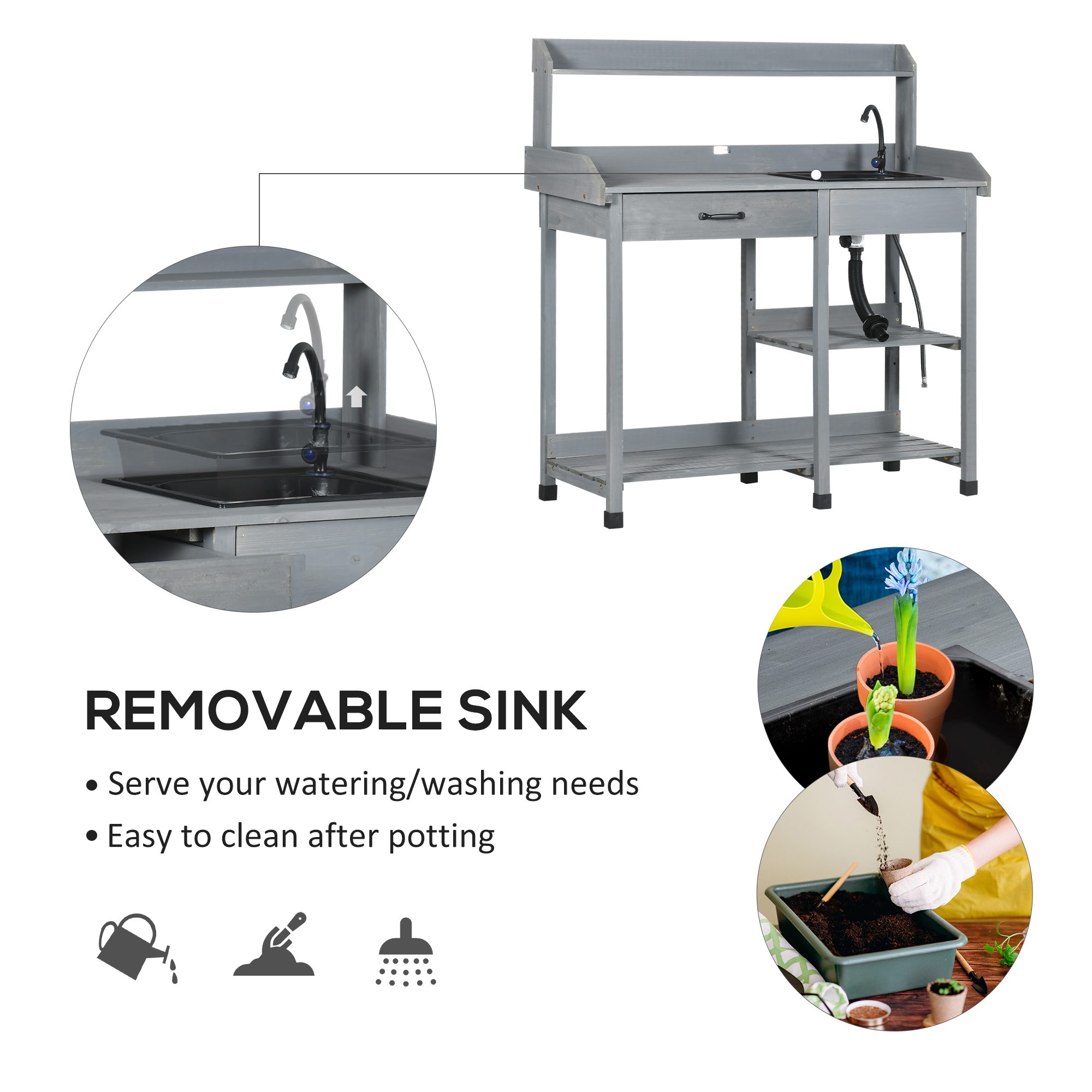 Potting Bench Table, Outdoor Garden Table Wooden Work Station with Removable Sink, Faucet, Drawer, Shelves, Hooks, Gray - Image 2