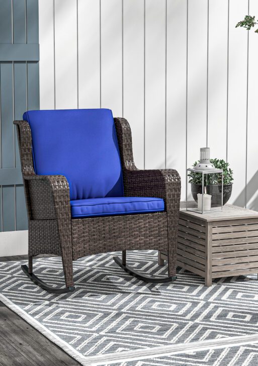 Outdoor Wicker Rocking Chair, Rattan Rocker with Cushions, Steel Frame for Patio, Garden, Backyard, Dark Blue