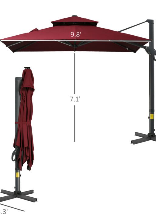 10ft Offset Patio Umbrella, Hanging Cantilever Umbrella, Square Shape, Aluminum Cross Base, Tilt, 360-Degree Rotation, Red