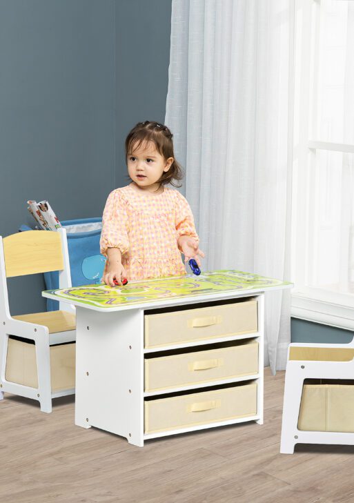 3-in-1 Kids Activity Table and Chairs Set with 3 Surfaces for Drawing, Lego Building, Road Map with 2 Cars, Storage Baskets, Toddler Activity Table for Preschool Children