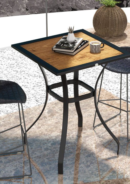 28" Outdoor Dining Table, Faux Wood Patio Furniture, Square Wood-Like Garden Table with Water Safe Design, Brown