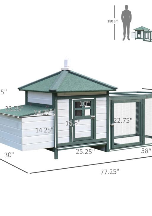 77" Wooden Chicken Coop Hen House Poultry Cage with Weatherproof Roof, Nesting Box, Enclosed Run and Removable Tray for Outdoor Backyard, Green