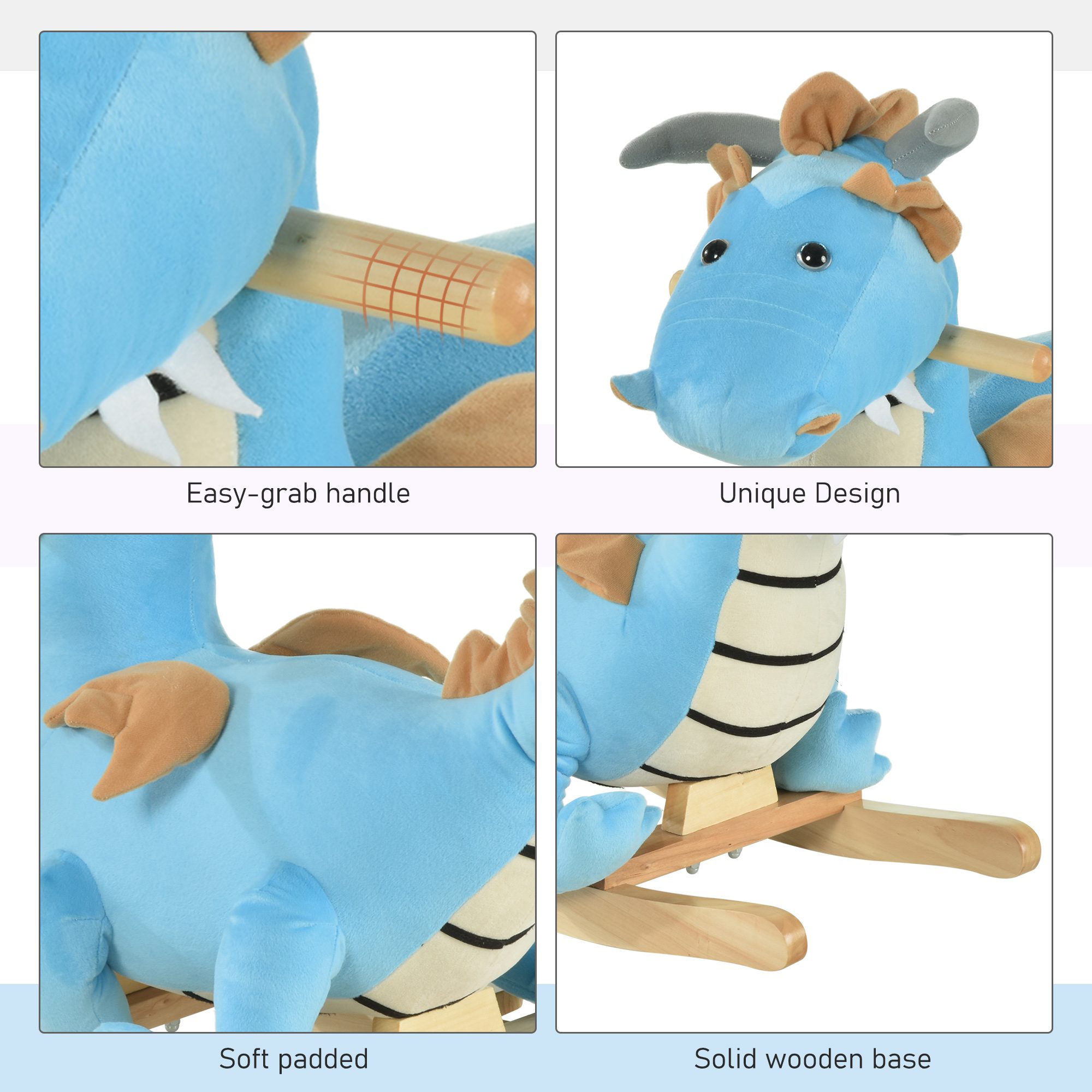 Kids Plush Ride-On Rocking Horse Toy Dinosaur Ride Rocking Chair with Realistic Sounds for18-36 Months, Blue - Image 4