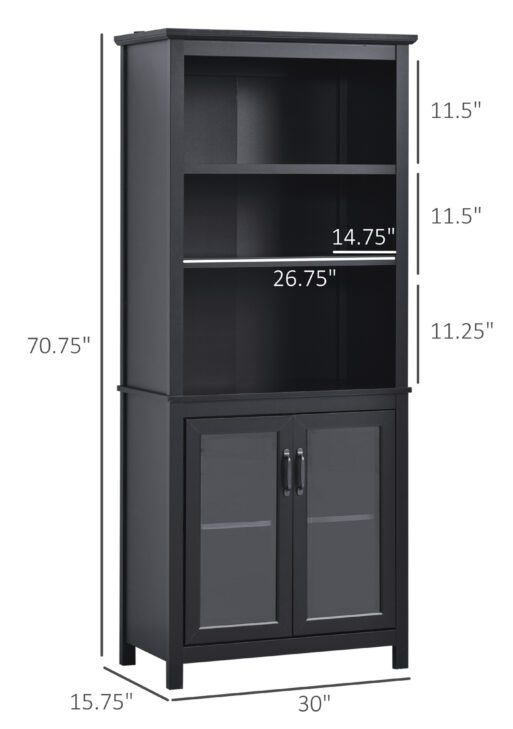 71" Bookcase Storage Hutch Cabinet with Adjustable Shelves and Glass Doors for Home Office, Kitchen, Living Room, Black