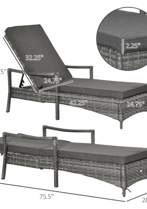 Wicker Chaise Lounge, 4 Position Adjustable Backrest and Cushions Outdoor Lounge Chair PE Rattan Sun Lounger for Poolside, Balcony or Garden, Dark Grey