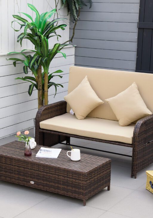 Patio Rattan Daybed with Cushions, Wicker Outdoor Bed Lounger w/ Loveseat, Storage Ottoman, Coffee & Side Tables, for Poolside, Porch, Backyard, Beige