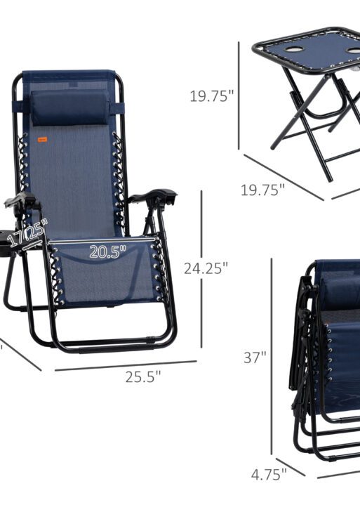 Zero Gravity Chair Set with Side Table, Folding Reclining Chair with Cupholders & Pillows, Adjustable Lounge Chair for Pool, Backyard, Lawn, Beach, Blue