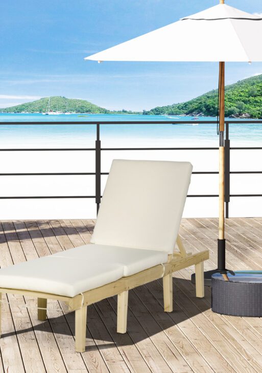 Chaise Lounge Chair for Outdoor, Wood Outdoor Chaise Lounge with 4-Position Adjustable Backrest and Cushion, Reclining Beach Lounge Chair for Deck, Pool, Lawn and Sunbathing, Natural