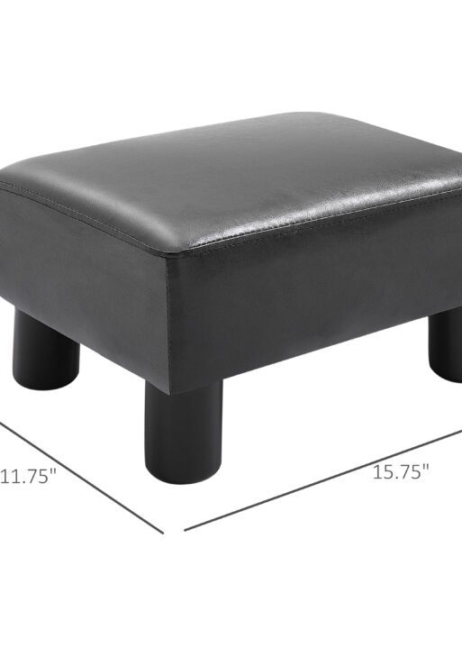 Ottoman Foot Rest, Small Foot Stool with Faux Leather Upholstery, Rectangular Ottoman Footrest with Padded Foam Seat and Plastic Legs, Bright Black