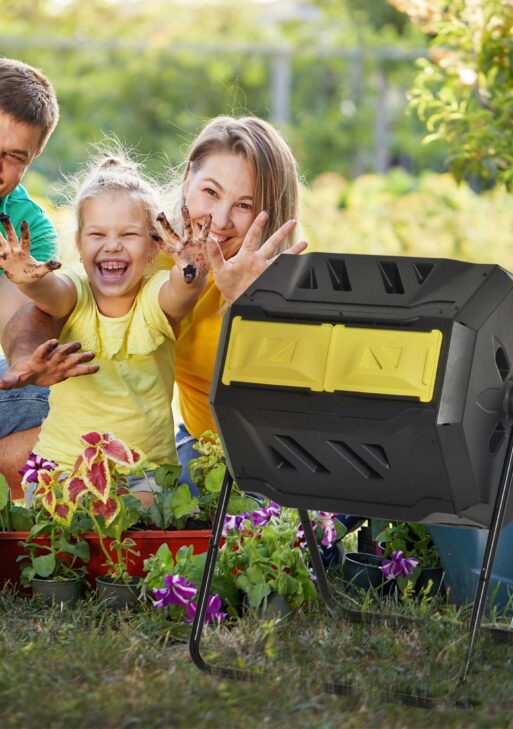 Tumbling Compost Bin Outdoor 360° Dual Chamber Rotating Composter 43 Gallon, Yellow