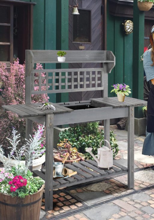 Outdoor Potting Bench Table, Wooden Workstation with Sliding Tabletop, Storage Shelf and Dry Sink, for Greenhouse, Garden, Patio, Gray