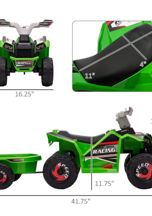 6V Electric Toy Car with Back Trailer, Forward Backward, Wear-Resistant Wheels for Ages 18-36 Months, Green