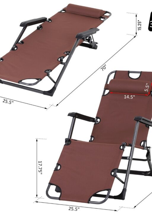 Oxford Fabric Metal Frame Outdoor Pool Sun Lounger Lounge Chair 120°/180°, Brown