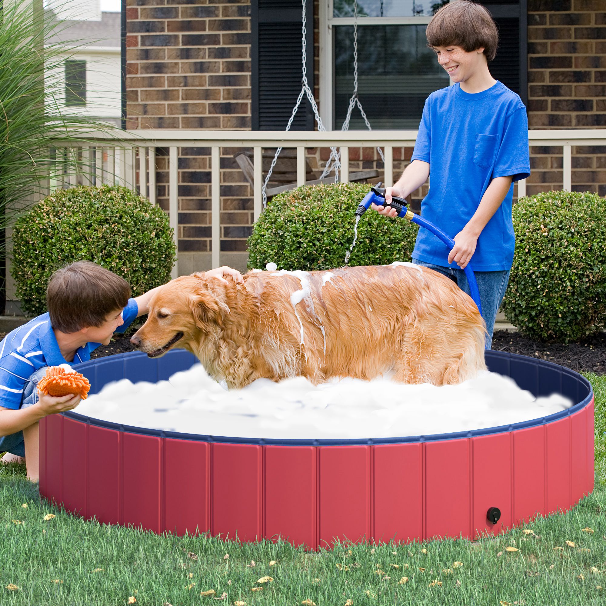 Foldable Pet Swimming Pool, Portable Dog Bathing Tub, 12" x 63" Plastic Large Dog Pool for Outdoor Dogs and Cats, Red