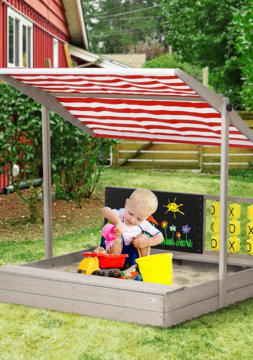 Kids Sandbox with Canopy, Bench Seats Wooden Sand Pit, Backyard Toy with Chalkboard, Tic Tac Toe Game, Gift for Girls and Boys, Ages 3-7