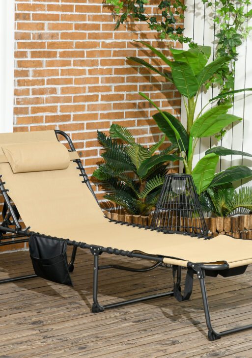 Folding Chaise Tanning Lounge Chair w/ 5-level Reclining Back, Reading Hole, Side Pocket, Headrest, Beige